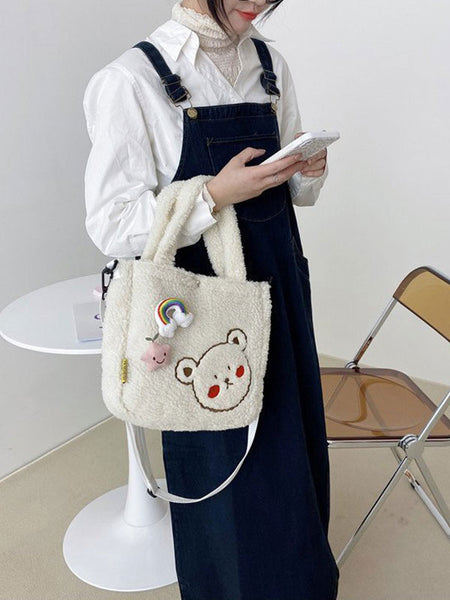 Sweet Lolita Bag White Faux Suede Teddy Bear Pattern Lolita Accessories