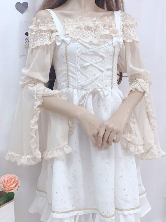 Sweet Lolita Blouses Lace Ruffles Long Sleeves Blouse Polyester Apricot Lolita Shirt