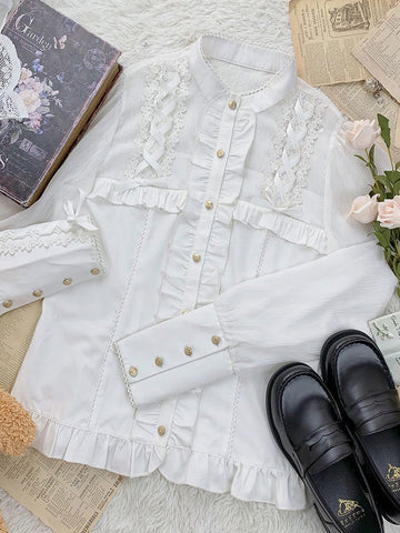 Sweet Lolita Blouses Lace Up Long Sleeves Polyester Lolita Top Lace White Lolita Shirt
