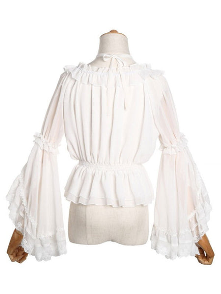 Sweet Lolita Blouses Neverland Lolita Top White Long Sleeves Poms Floral Print Lolita Shirt