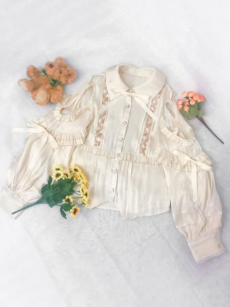 Sweet Lolita Blouses Polyester Lace Up Long Sleeves Casual Top Light Apricot Lolita Shirt