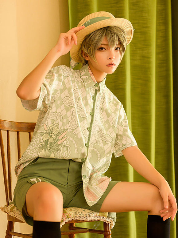 Sweet Lolita Blouses Short Sleeves Floral Print Light Green Lolita Shirt