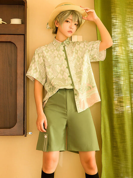 Sweet Lolita Blouses Short Sleeves Floral Print Light Green Lolita Shirt
