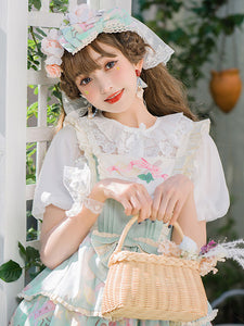 Sweet Lolita Blouses White Crewneck Short Sleeves Lace Bows Lace Lolita Shirt