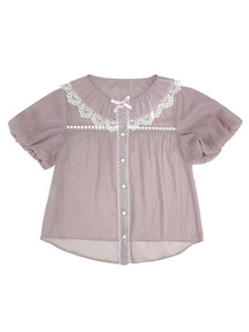 Sweet Lolita Blouses White Crewneck Short Sleeves Lace Bows Lace Lolita Shirt