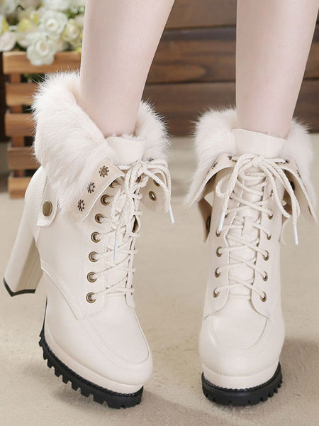 Sweet Lolita Boots PU Leather Chunky Heel Round Toe White Lolita Ankle Boots Footwear