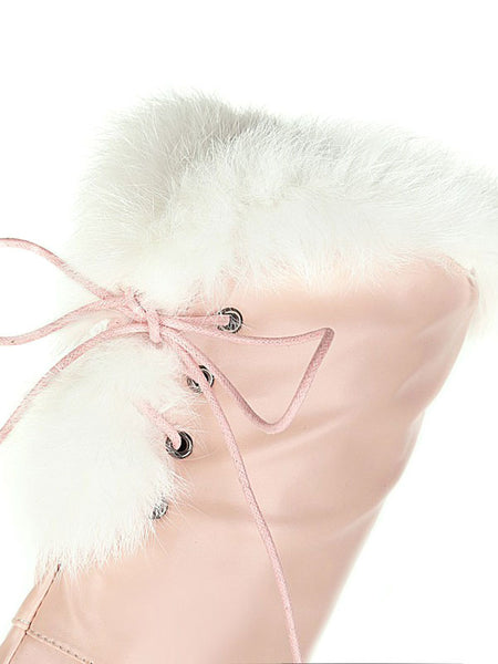 Sweet Lolita Boots Pink PU Leather Round Toe Chunky Heel Over The Knees Lolita Footwear