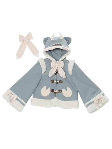 Sweet Lolita Coats Baby Blue Knotted Bows Polyester Overcoat Tweed Coat Winter Lolita Outwears