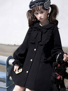 Sweet Lolita Coats Black Ruffles Bows Long Sleeve Polyester Winter Lolita Outwears
