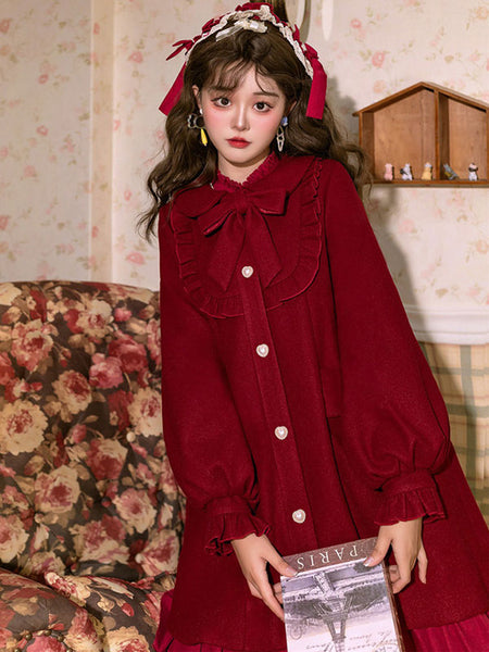Sweet Lolita Coats Black Ruffles Bows Long Sleeve Polyester Winter Lolita Outwears