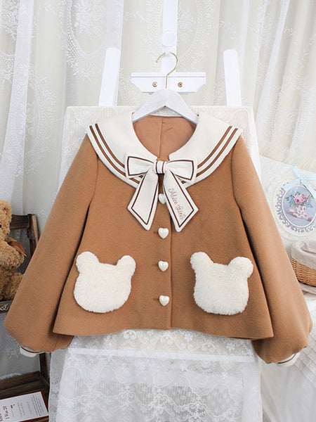 Sweet Lolita Coats Bows Polyester Overcoat Coat Bow Coffee Brown Lolita Outwears
