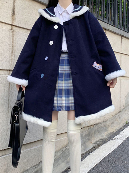 Sweet Lolita Coats Dark Navy Bows Overcoat Polyester Winter Lolita Outwears Long Sleeve