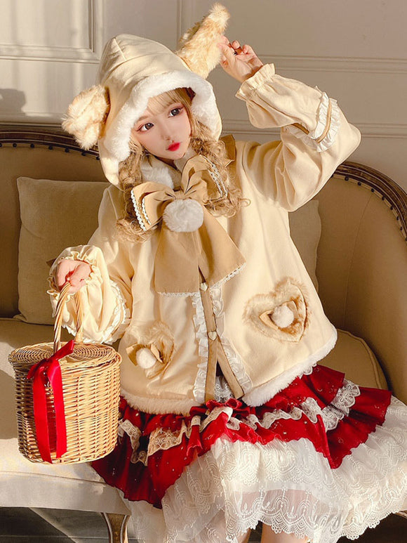 Sweet Lolita Coats Ecru White Bows Pom Poms Overcoat Polyester Fall Lolita Outwears