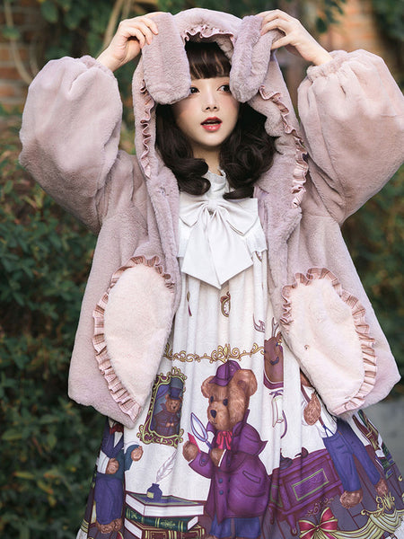 Sweet Lolita Coats Khaki Ruffles Polyester Long Sleeve Overcoat Winter Lolita Outwears Bear Coats