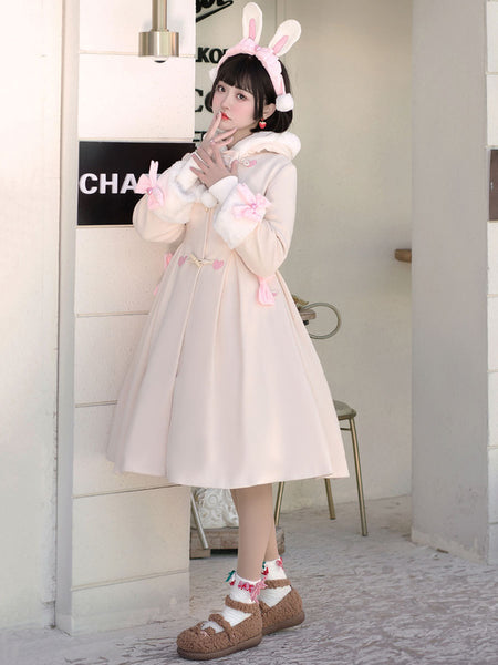 Sweet Lolita Coats Light Apricot Lace Up Bows Polyester Overcoat Winter Lolita Outwears