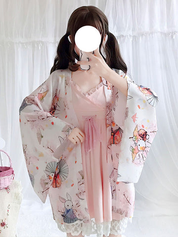 Sweet Lolita Coats Pink Bunny Pattern Polyester Spring Lolita Outwears Wa Lolita Haori