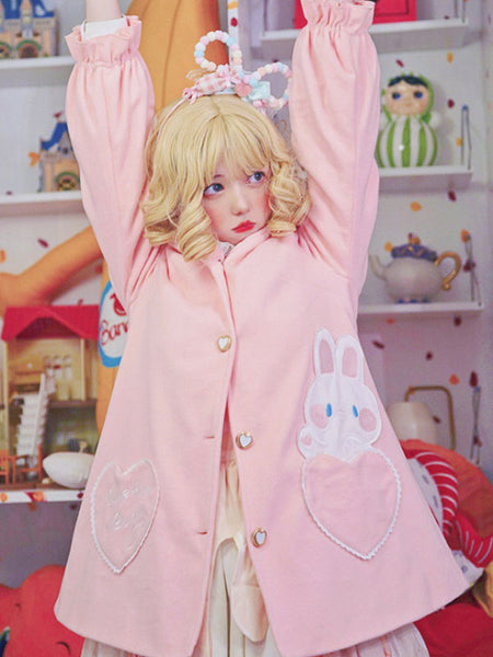 Sweet Lolita Coats Pink Neverland Coat Uniform Cloth Long Sleeve Winter Ruffles Overcoat Rabbit Ears Lolita Outwears