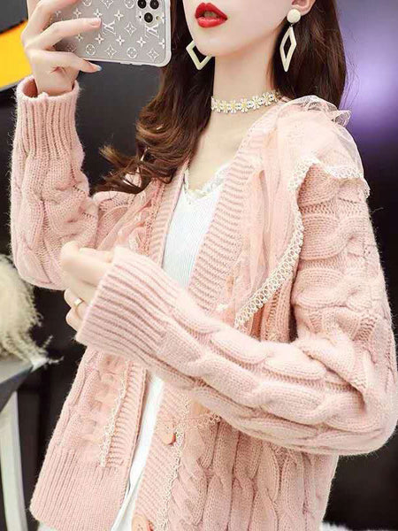 Sweet Lolita Coats Pink Polyester Long Sleeve Overcoat Winter Lolita Sweater Outwears