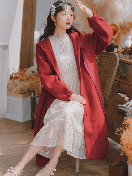 Sweet Lolita Coats Red Overcoat Long Sleeve Polyester Fall Academy Lolita Outwears