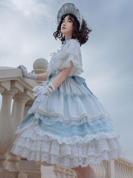 Sweet Lolita Dress 2-Piece Set Baby Blue Polyester Sleeveless Tea Party Lace Lolita Jumper Skirts Outfits