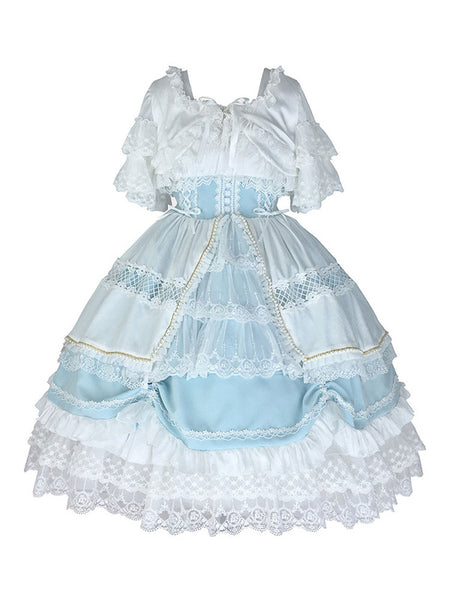 Sweet Lolita Dress 2-Piece Set Baby Blue Polyester Sleeveless Tea Party Lace Lolita Jumper Skirts Outfits