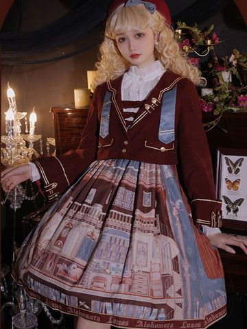 Sweet Lolita Dress 3-Piece Set Christmas Burgundy Long Sleeves Overskirt Overcoat Top Sweet Lolita Dress Outfit