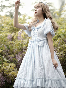 Sweet Lolita Dress Chiffon Short Sleeves Ruffles Bowknot Light Sky Blue Sweet Lolita Dress