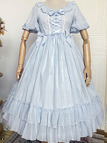 Sweet Lolita Dress Chiffon Short Sleeves Ruffles Bowknot Light Sky Blue Sweet Lolita Dress