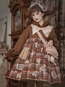 Sweet Lolita Dress Deep Brown Hooded Long Sleeves Plaid Pattern Lolita One Piece Dress