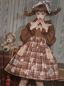 Sweet Lolita Dress Deep Brown Hooded Long Sleeves Plaid Pattern Lolita One Piece Dress