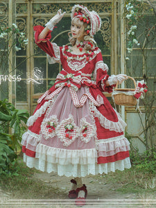 Sweet Lolita Dress Only Polyester Long Sleeves Ruffles Lace Bows Strawberry Pattern Red Classical Lolita Dress