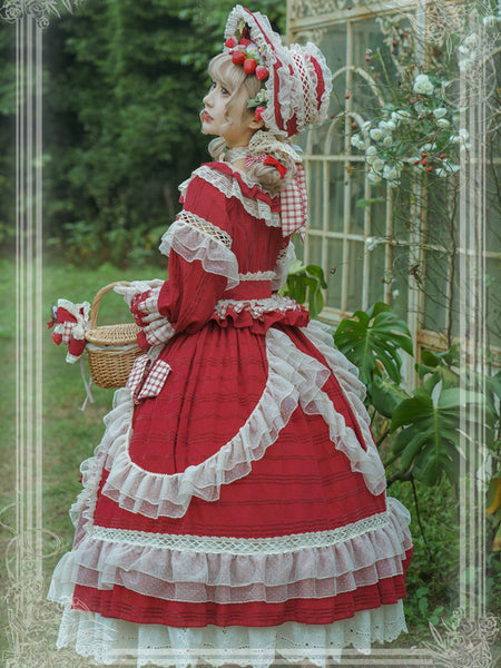 Sweet Lolita Dress Only Polyester Long Sleeves Ruffles Lace Bows Strawberry Pattern Red Classical Lolita Dress