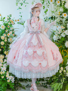 Sweet Lolita Dress Only Polyester Sleeveless Bows Lace Ruffles Pink Maxi Lolita Jumper Dress