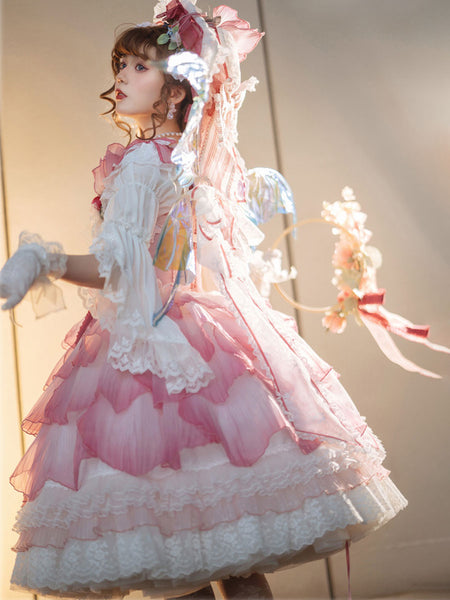 Sweet Lolita Dress Only Polyester Sleeveless Ruffles Lace Bows Pink Lolita Jumper Dress