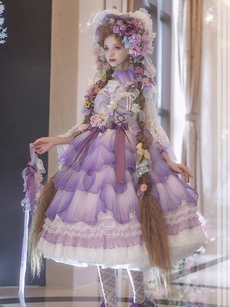 Sweet Lolita Dress Only Polyester Sleeveless Ruffles Lace Bows Pink Lolita Jumper Dress