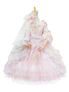 Sweet Lolita Dress Pink Polyester Long Sleeves Ruffles Tiered Bows Lace Embroidered Rococo Lolita Dress