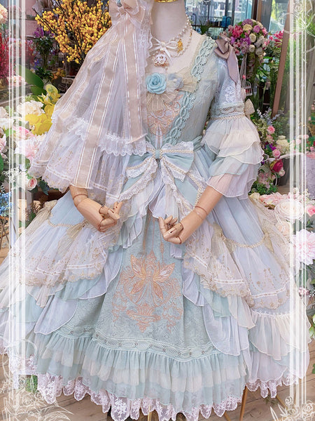 Sweet Lolita Dress Pink Polyester Long Sleeves Ruffles Tiered Bows Lace Embroidered Rococo Lolita Dress
