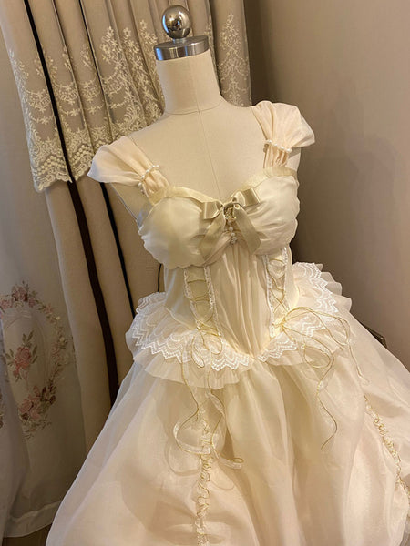Sweet Lolita Dress Polyester Bows Sleeveless Ecru White Lolita Jumper Skirt