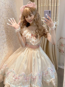 Sweet Lolita Dress Polyester Lace Sleeveless Ecru White Lolita Jumper Skirts
