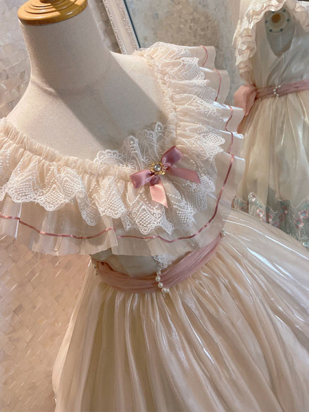 Sweet Lolita Dress Polyester Lace Sleeveless Ecru White Lolita Jumper Skirts