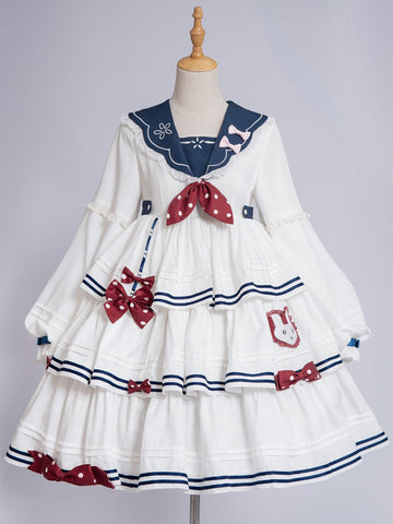 Sweet Lolita Dress Polyester Long Sleeves Bows Dress White Lolita One Piece Dress
