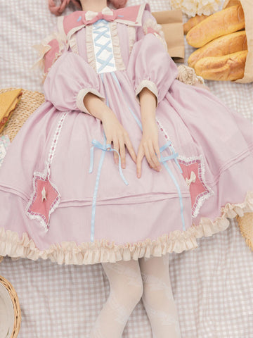 Sweet Lolita Dress Polyester Long Sleeves Lace Up Bows Dress