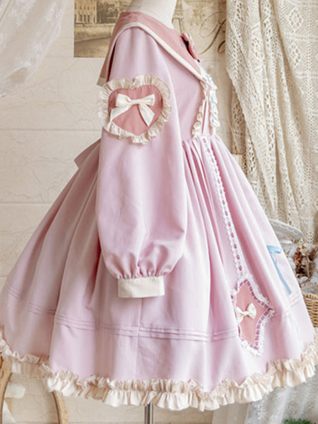 Sweet Lolita Dress Polyester Long Sleeves Lace Up Bows Dress