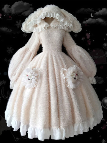 Sweet Lolita Dress Polyester Long Sleeves Pom Poms Ruffles Eric White Sweet Lolita Dress