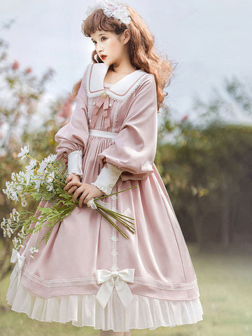 Sweet Lolita Dress Polyester Long Sleeves Ruffles Lace Bows Pink Sweet Lolita One Piece Dress