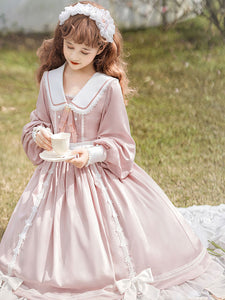 Sweet Lolita Dress Polyester Long Sleeves Ruffles Lace Bows Pink Sweet Lolita One Piece Dress