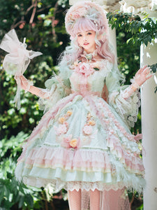 Sweet Lolita Dress Polyester Long Sleeves Tiered Ruffles Bows Lace Light Green Long Lolita Jumper Dress