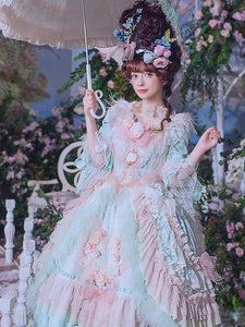Sweet Lolita Dress Polyester Long Sleeves Tiered Ruffles Bows Lace Light Green Long Lolita Jumper Dress