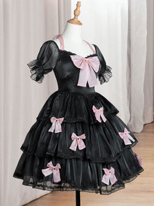 Sweet Lolita Dress Polyester Short Sleeves Lace Bows Ruffles Black Lolita One Piece Dress