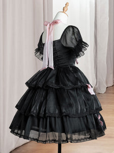 Sweet Lolita Dress Polyester Short Sleeves Lace Bows Ruffles Black Lolita One Piece Dress